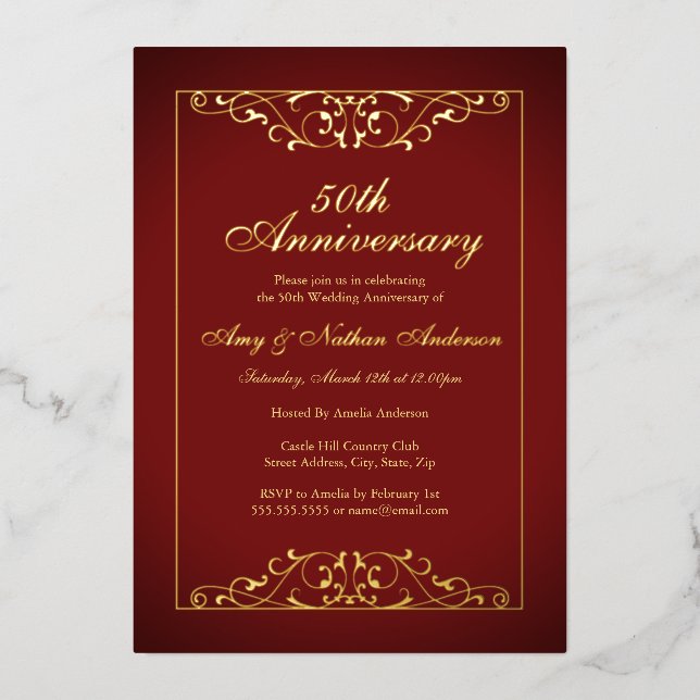 Elegant Red Gold 50th Wedding Anniversary  Foil Invitation (Front)