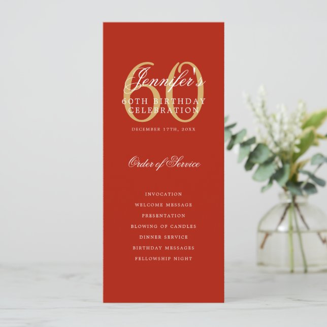 Elegant Red Gold 60th Birthday Program Menu (Standing Front)