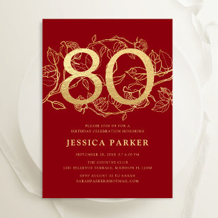 Elegant Red Gold 80th Birthday Invitation