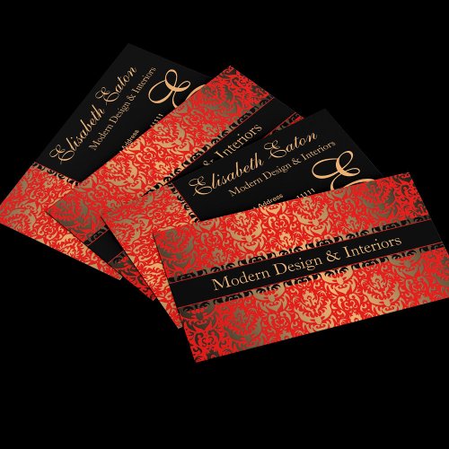 Elegant Red, Gold and Black Damask Fancy Design Business Card