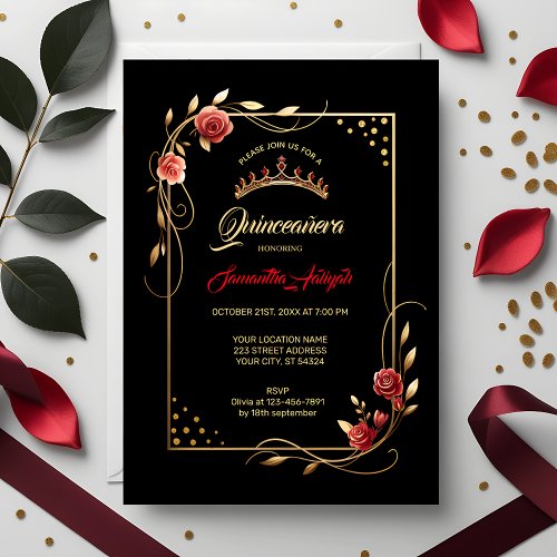 Elegant Red Gold and Black Quinceanera Invitation