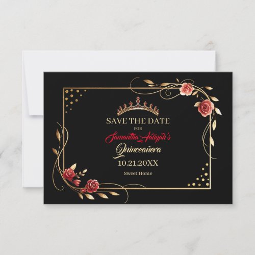 Elegant Red Gold and Black Quinceanera Save The Date