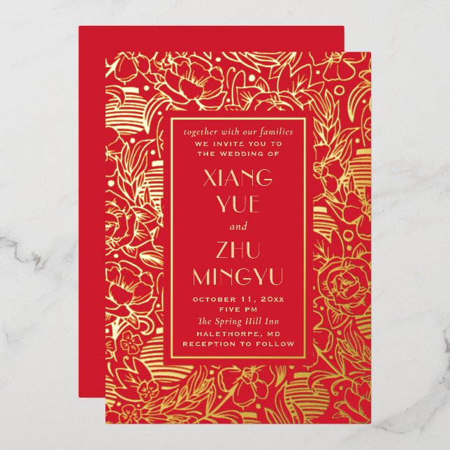Elegant red gold asian wedding. Classic chinese Foil Invitation (Front/Back)