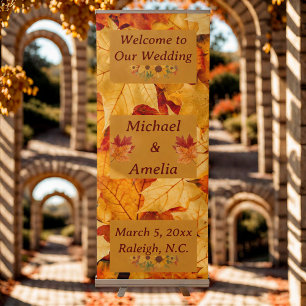 Elegant Red Gold Autumn Leaves Fall Wedding Banner
