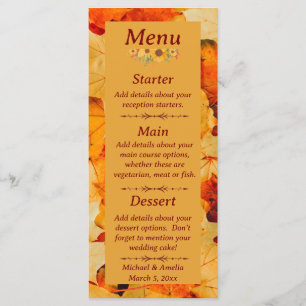 Elegant Red Gold Autumn Leaves Fall Wedding Menu