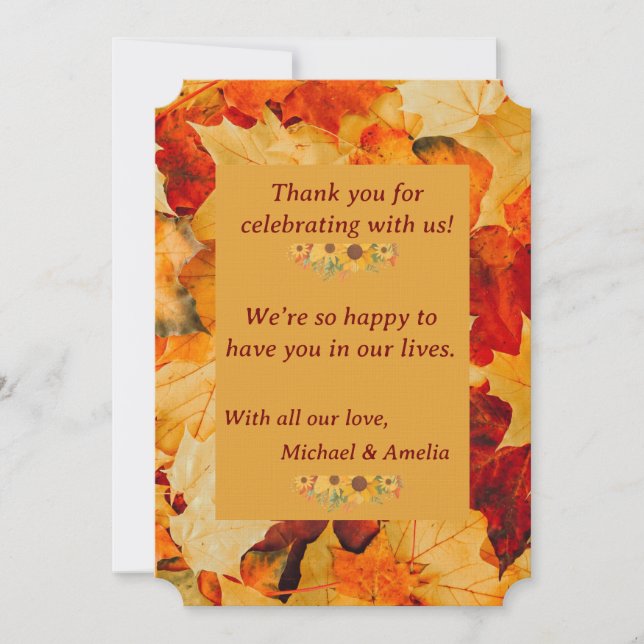 Elegant Red Gold Autumn Leaves Fall Wedding Thank You Card (Front)