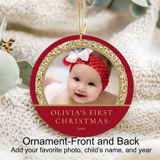 Elegant Red Gold Baby's 1st Christmas Photo Ceramic Ornament (Baby's 1st Christmas)