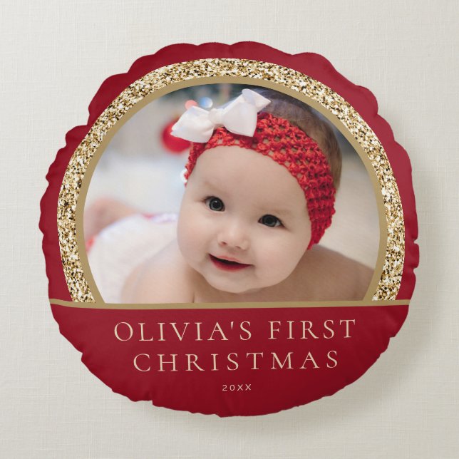 Elegant Red Gold Baby's 1st Christmas Photo Round Pillow (Front)