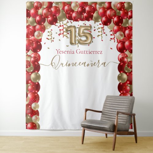 Elegant Red Gold Balloon Arch Quinceanera Tapestry