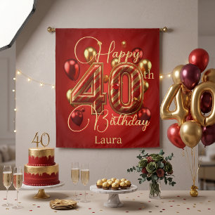 Elegant Red Gold Balloons 40th Birthday Party Tapestry