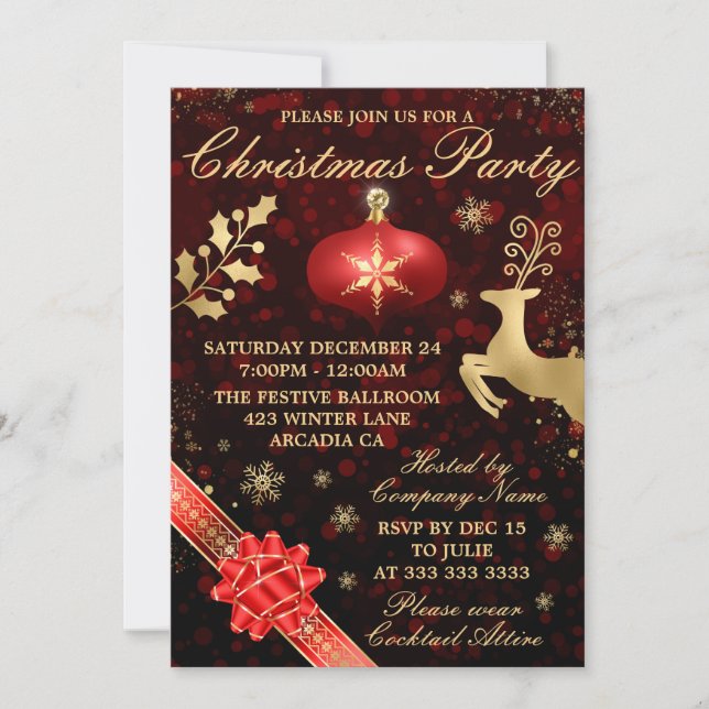 Elegant Red & Gold Bauble & Ribbon Christmas Party Invitation (Front)
