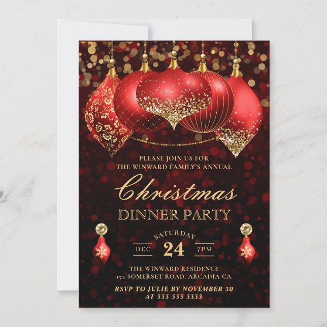 Elegant Red & Gold Baubles Christmas Dinner Party Invitation (Front)