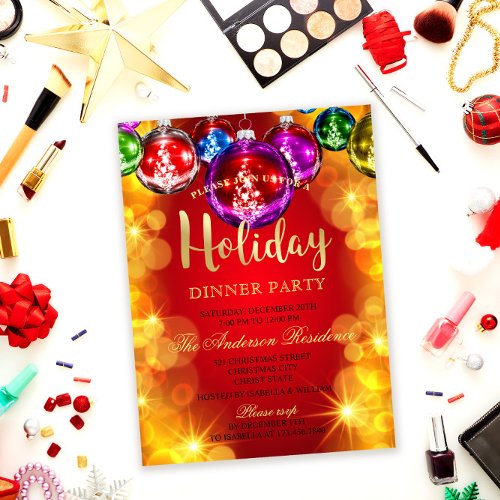 Elegant Red Gold Baubles Christmas Invitation Postcard