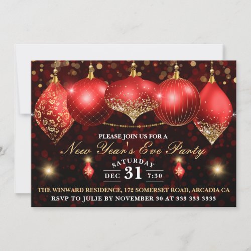 Elegant Red  Gold Baubles New Years Eve Invitation