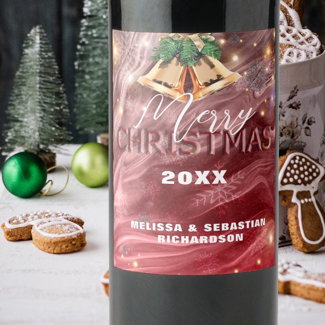 Elegant Red Gold Bells Merry Christmas Wine Label (Creator Uploaded)