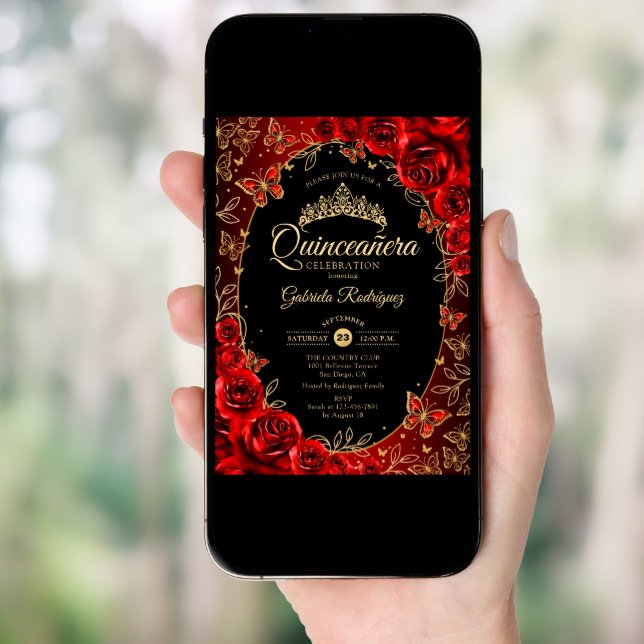 Elegant Red Gold Black Quinceanera Invitation (Front Digital)