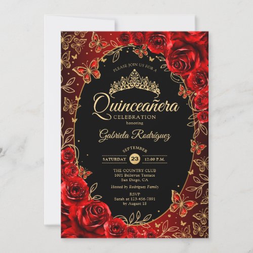 Elegant Red Gold Black Quinceanera QR code Invitation