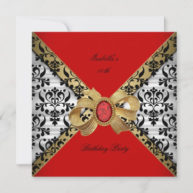 Elegant Red Gold Black White Damask Diamond Party Invitation (Front)