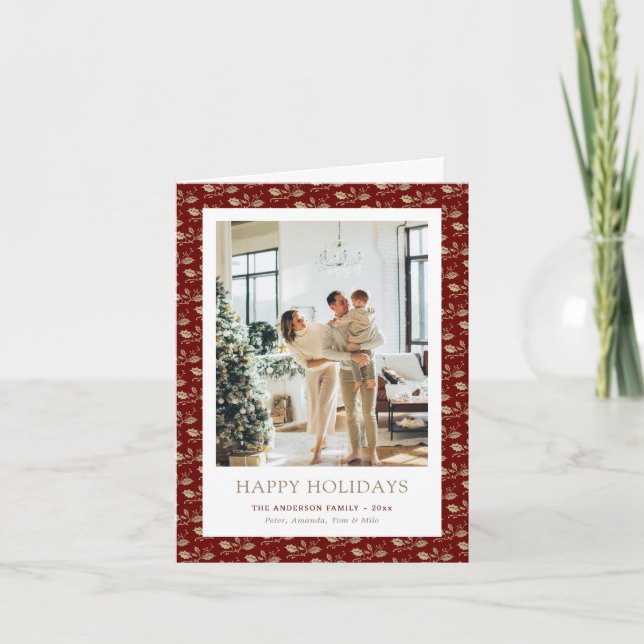 Elegant Red Gold Botanical Photo Holiday Card (Front)