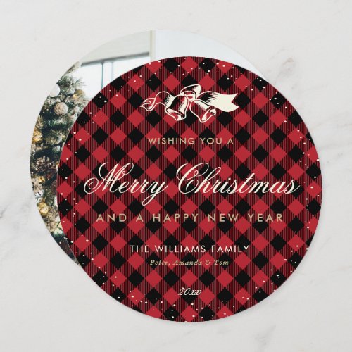 Elegant Red Gold Buffalo Plaid Photo Christmas Holiday Card