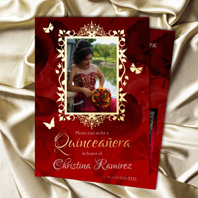 Elegant Red, Gold Butterflies Quinceanera Foil Invitation (Elegant red and gold quinceanera invitations, gold foil butterfly fancy photo frame)