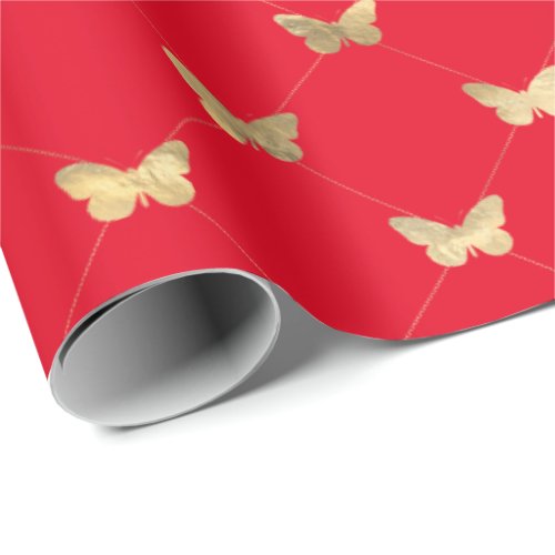 Elegant Red Gold Butterfly Pattern Wrapping Paper