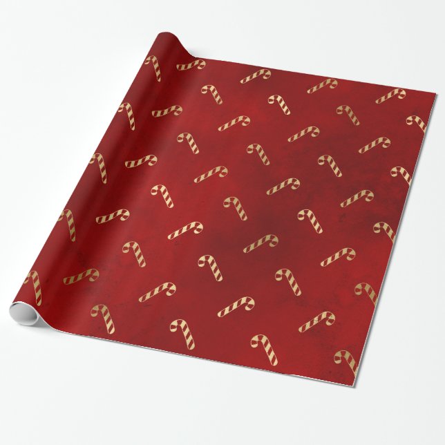 Elegant Red Gold Candy Cane Christmas Wrapping Paper (Unrolled)