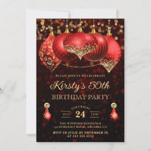 Elegant Red & Gold Christmas Baubles 50th Birthday Invitation