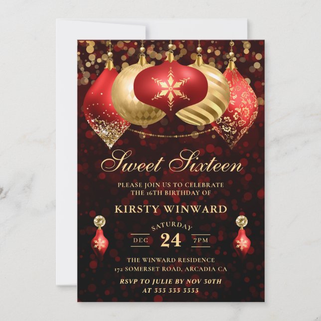 Elegant Red & Gold Christmas Baubles Sweet 16 Invitation (Front)