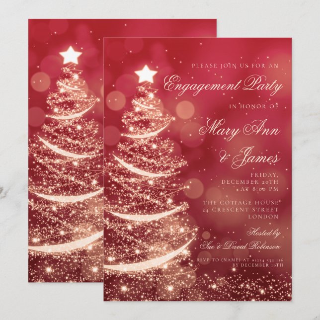Elegant Red & Gold Christmas Engagement Party Invitation (Front/Back)