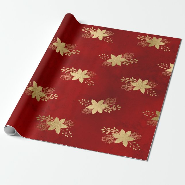 Elegant red & gold Christmas flower pattern Wrapping Paper (Unrolled)