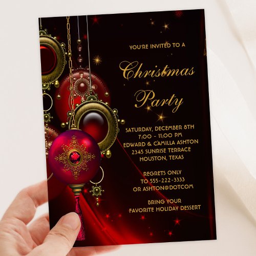 Elegant Red Gold Christmas Holiday Party Custom Invitation