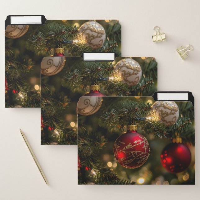 Elegant Red Gold Christmas Holiday Tree File Folder (Set)