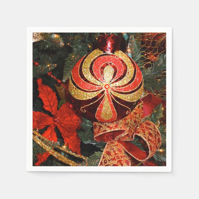 Elegant Red Gold Christmas Ornament Poinsettia Napkins (Front)
