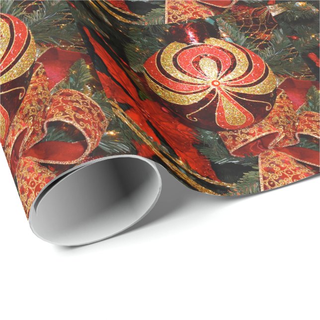 Elegant Red Gold Christmas Ornament Poinsettia Wrapping Paper (Roll Corner)