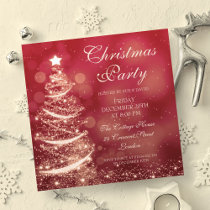 Elegant Red & Gold Christmas Party Sparkle Invitation