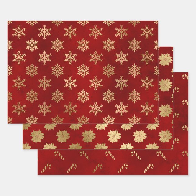 Elegant red & gold Christmas patterns  Wrapping Paper Sheets (Set)