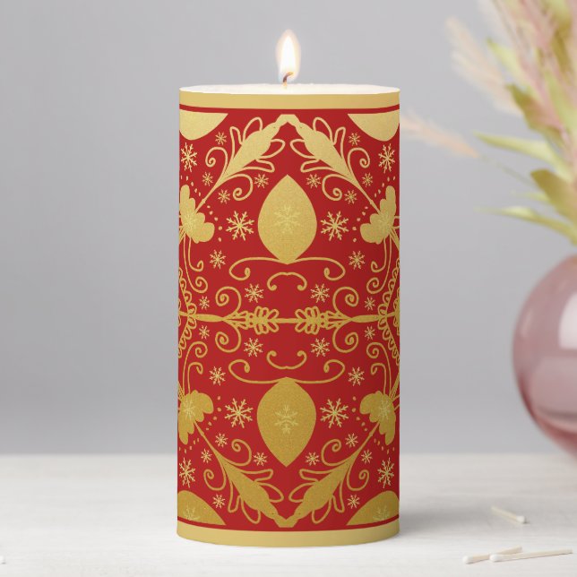 Elegant Red & Gold Christmas  Pillar Candle (In Situ)