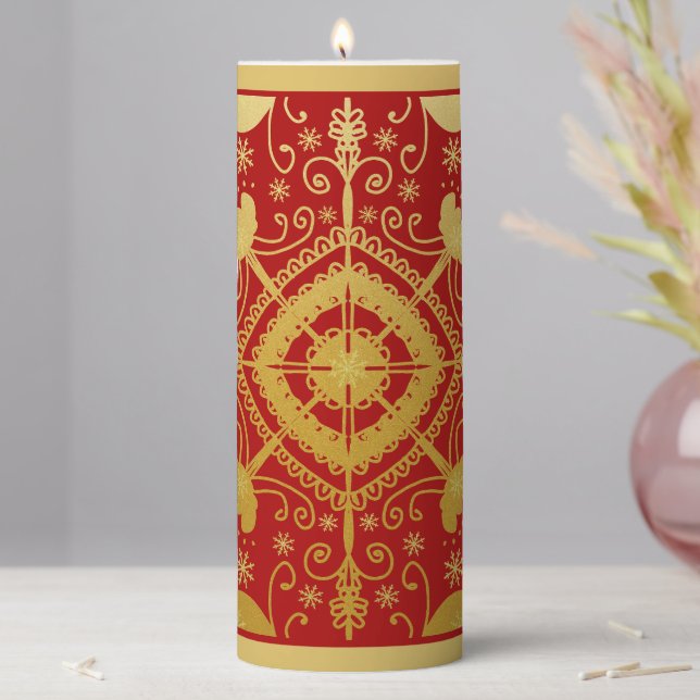 Elegant Red & Gold Christmas  Pillar Candle (In Situ)