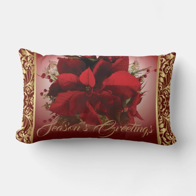 Elegant Red & Gold Christmas Poinsettia Lumbar Pillow (Front)