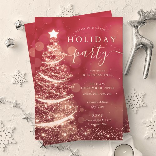 Elegant Red Gold Christmas Tree Company Holiday  Invitation