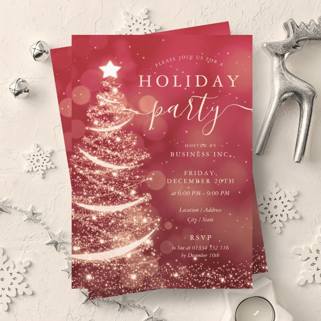 Elegant Red Gold Christmas Tree Company Holiday  Invitation (Elegant Red Gold Christmas Tree Company Holiday Invitation)