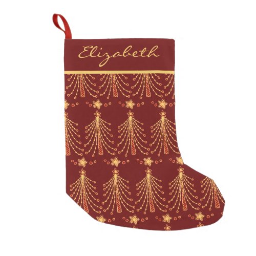 Elegant Red  Gold Christmas Tree Lights Pattern  Small Christmas Stocking