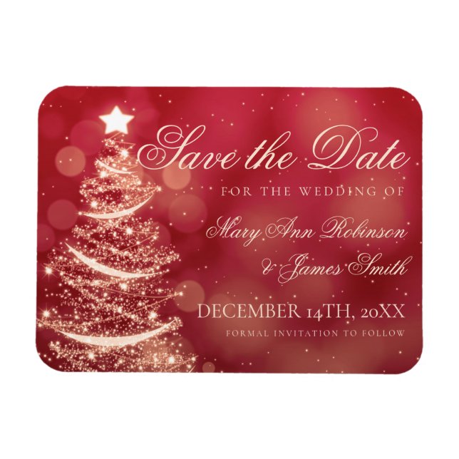 Elegant Red & Gold Christmas Wedding Save The Date Magnet (Horizontal)