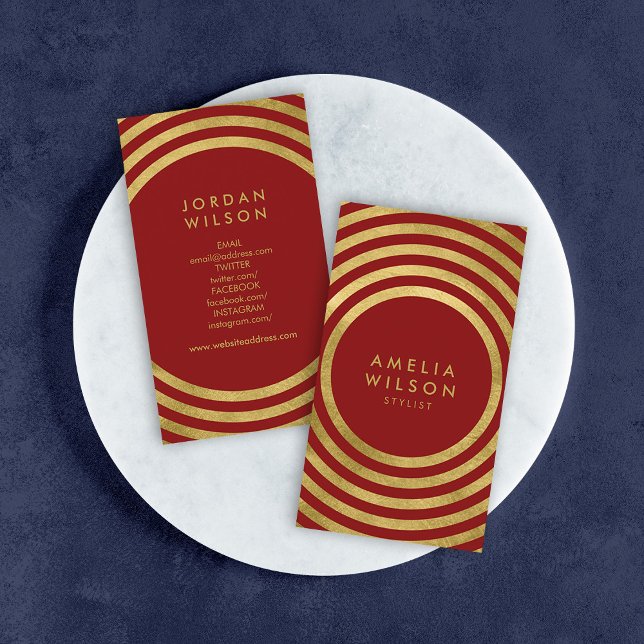 Elegant Red Gold Circles Geometric Social Media Business Card (Creator Uploaded)