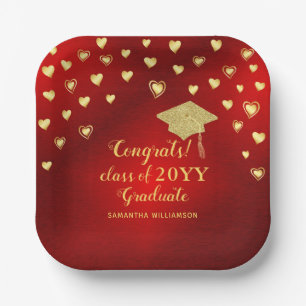 Elegant Red Gold Congrats Class of 2025 Graduate Paper Plates