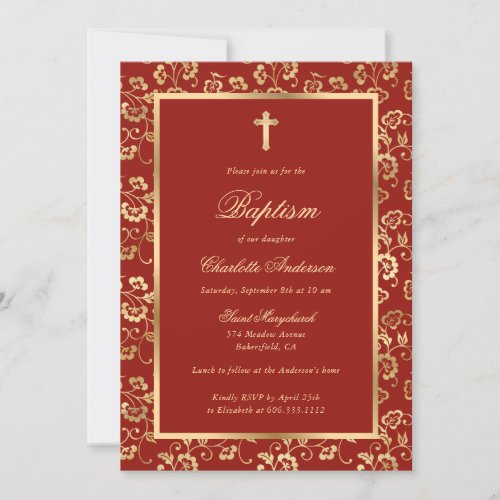 Elegant Red Gold Cross Script Floral Girl Baptism Invitation