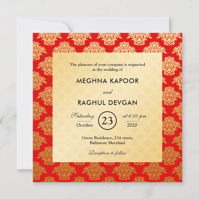 Elegant Red Gold Damask Pattern Indian Wedding Invitation (Front)