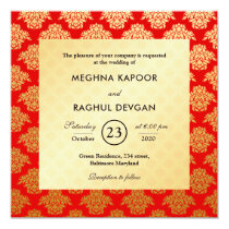Elegant Red Gold Damask Pattern Indian Wedding Invitation