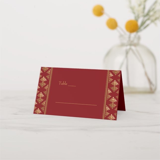 Elegant Red Gold Damask Patterned Wedding Place Card (Front)